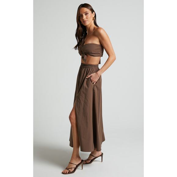 Showpo Sula Two Piece Set One Shoulder Crop Top Midi Skirt Chocolate Brown 2 - Picture 2 of 15